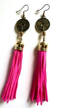 Load image into Gallery viewer, Chinese Coin & Hot Pink Suede Tassels Earrings