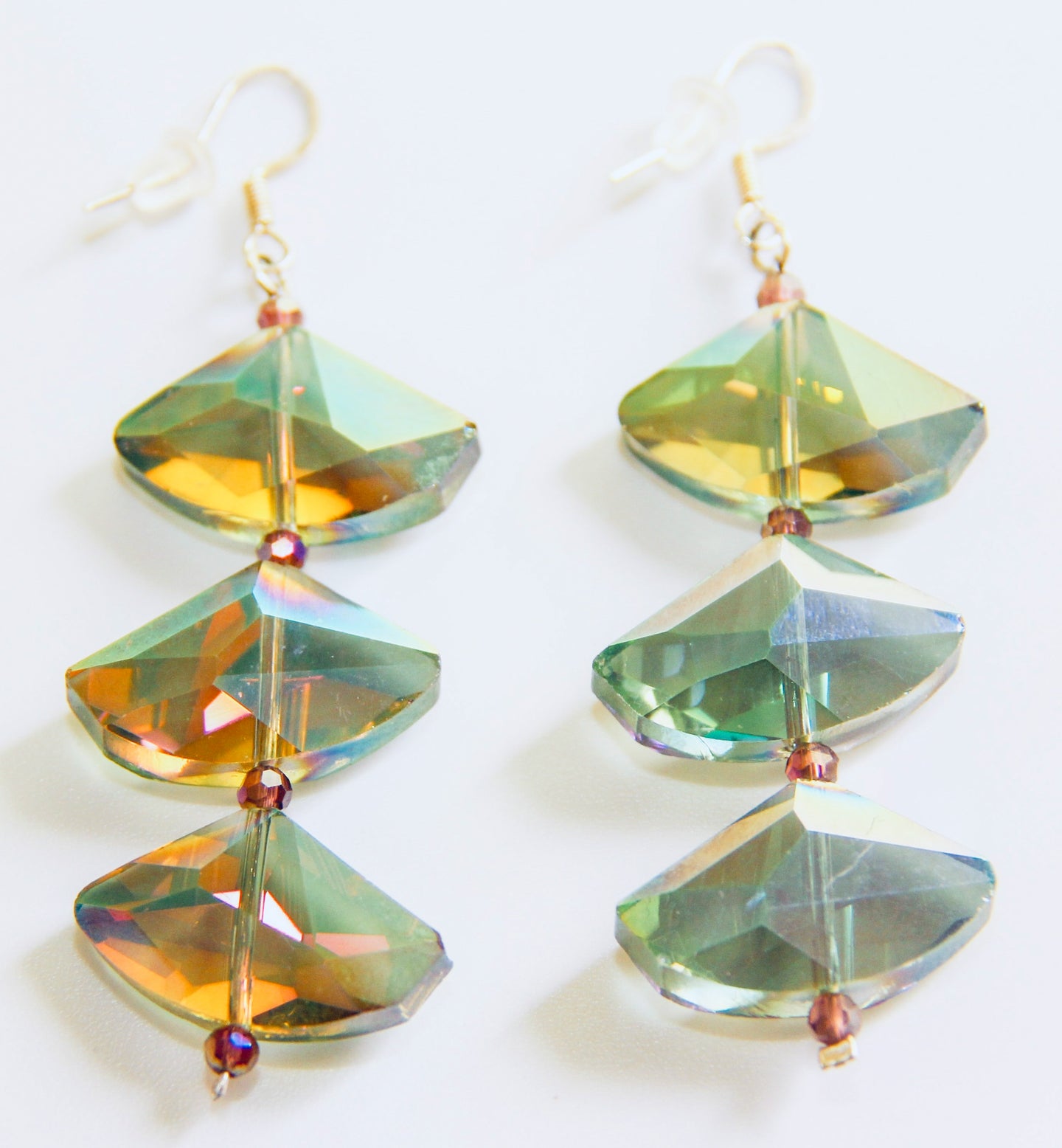3x Geometric Diamond Faceted Shaped Blue/Green/Purple Blend Crystals Earrings