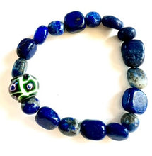 Load image into Gallery viewer, Single Blue Lapis Nuggets Elastic Bracelet with Art Deco Nepal Stone