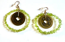Load image into Gallery viewer, Green Peridot Hoops with Vintage Chinese Prosperity Coin
