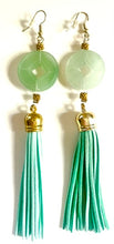 Load image into Gallery viewer, Light Green Jade Carved Donut Stone, With Light mint Blue Suede Tassel Earrings