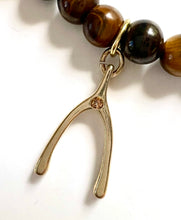 Load image into Gallery viewer, Single Strand Of Tiger Eye Bracelet w/ 14K Gold & Swarovski Wishbone