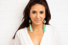 Load image into Gallery viewer, Light Green Jade Carved Donut Stone, With Light mint Blue Suede Tassel Earrings