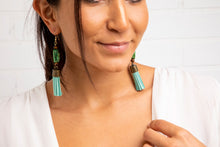 Load image into Gallery viewer, Green Lucky Scarabs With Tiger Eye & blue Suede Tassel earrings