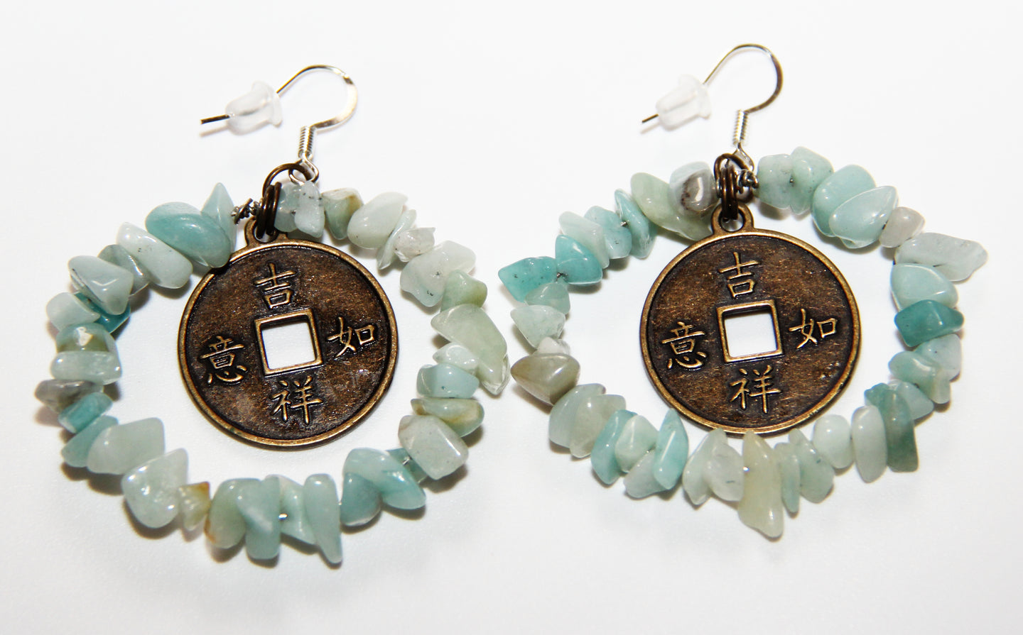 Classic Green Amazonite Hoops with Prosperity Chinese Coin Earrings