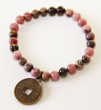 Load image into Gallery viewer, Morganite Rondelle stones with gold brass Chinese coin Single Bracelet