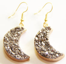 Load image into Gallery viewer, Pyrite cluster Stone Half Crescent Moon Earrings