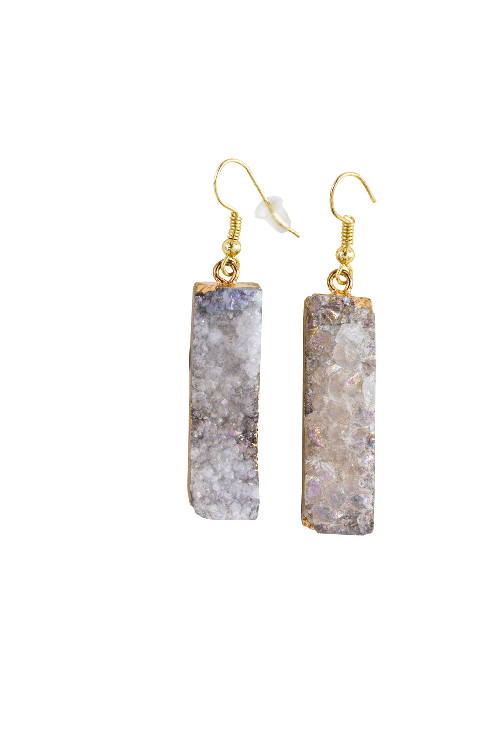 Long Natural Quartz Cluster w/ Gold Plated Trim Earrings