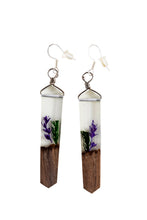 Load image into Gallery viewer, Long Clear Glass Tube with 2x Dried Plants (Purple & Green) in brown bark inside Earrings