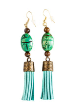 Load image into Gallery viewer, Green Lucky Scarabs With Tiger Eye & blue Suede Tassel earrings