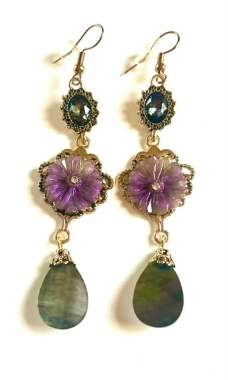 Timeless Antique Purple Flower Be-Jeweled Earrings