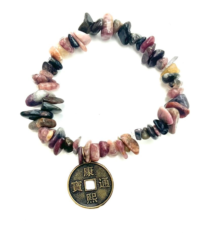 Watermelon Tourmaline Chips Bracelet W/ Abundance Coin