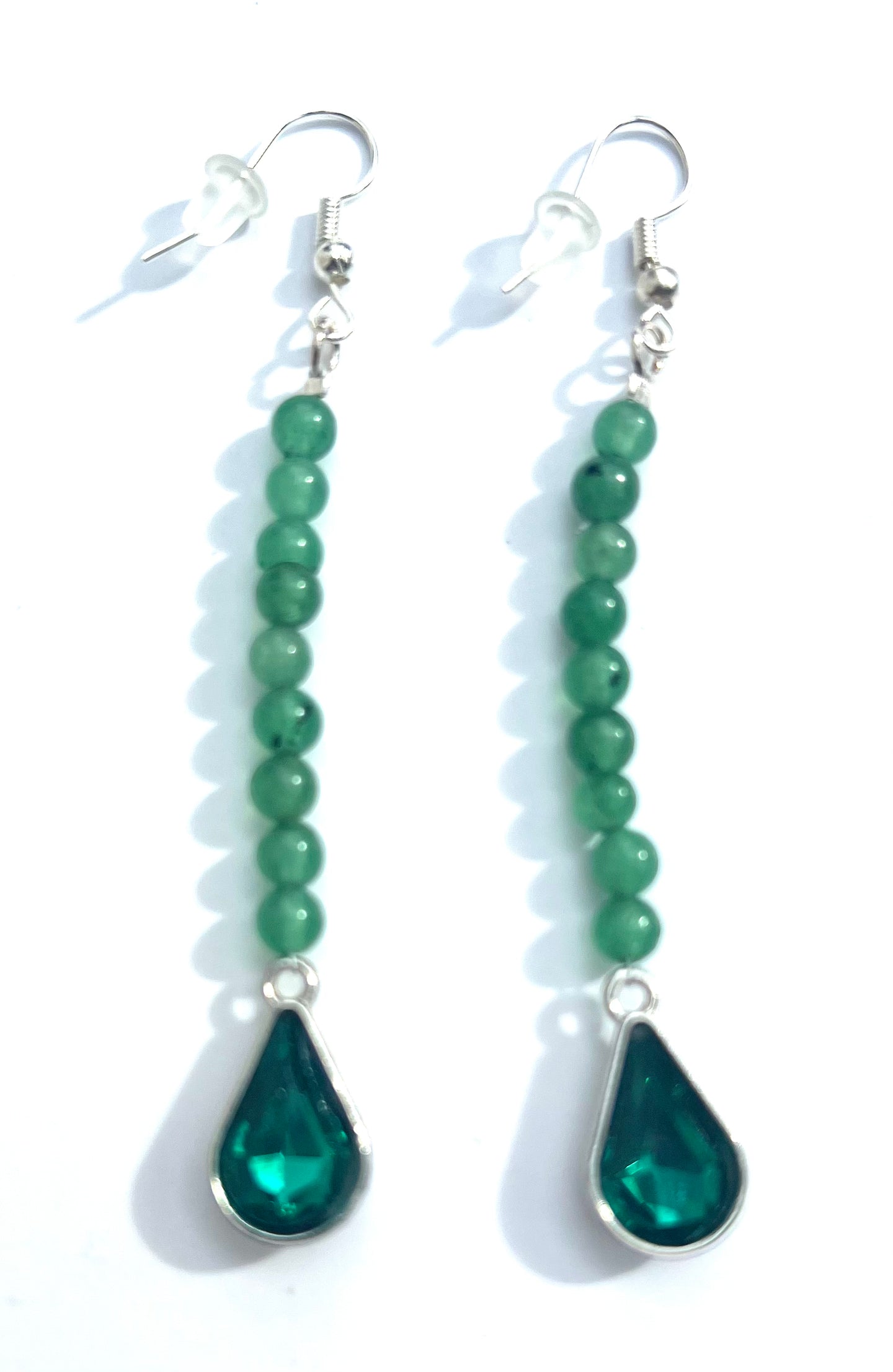 Tiny Green Aventurine Stones W/ Emerald Green Crystal Tear Drop Earrings