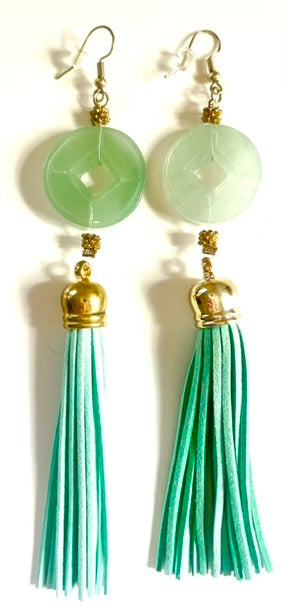 Light Green Jade Carved Donut Stone, With Light mint Blue Suede Tassel Earrings