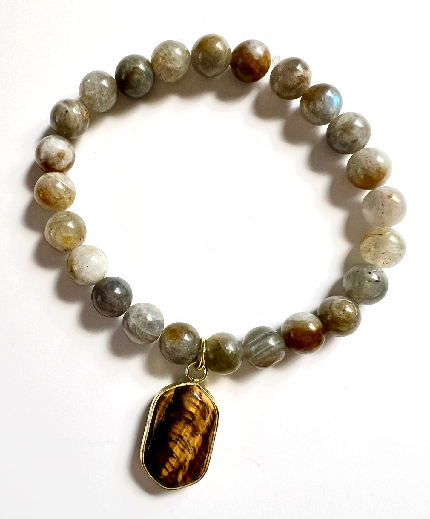 Single Strand Of Labradorite Elastic Bracelet w/ Faceted Oval Tiger Eye Stone w/ 14K Gold Charm
