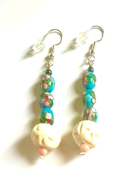 Triple Turquoise Color Chinese Flower w/Gold Cloisonne & Carved Bone Beads Earrings