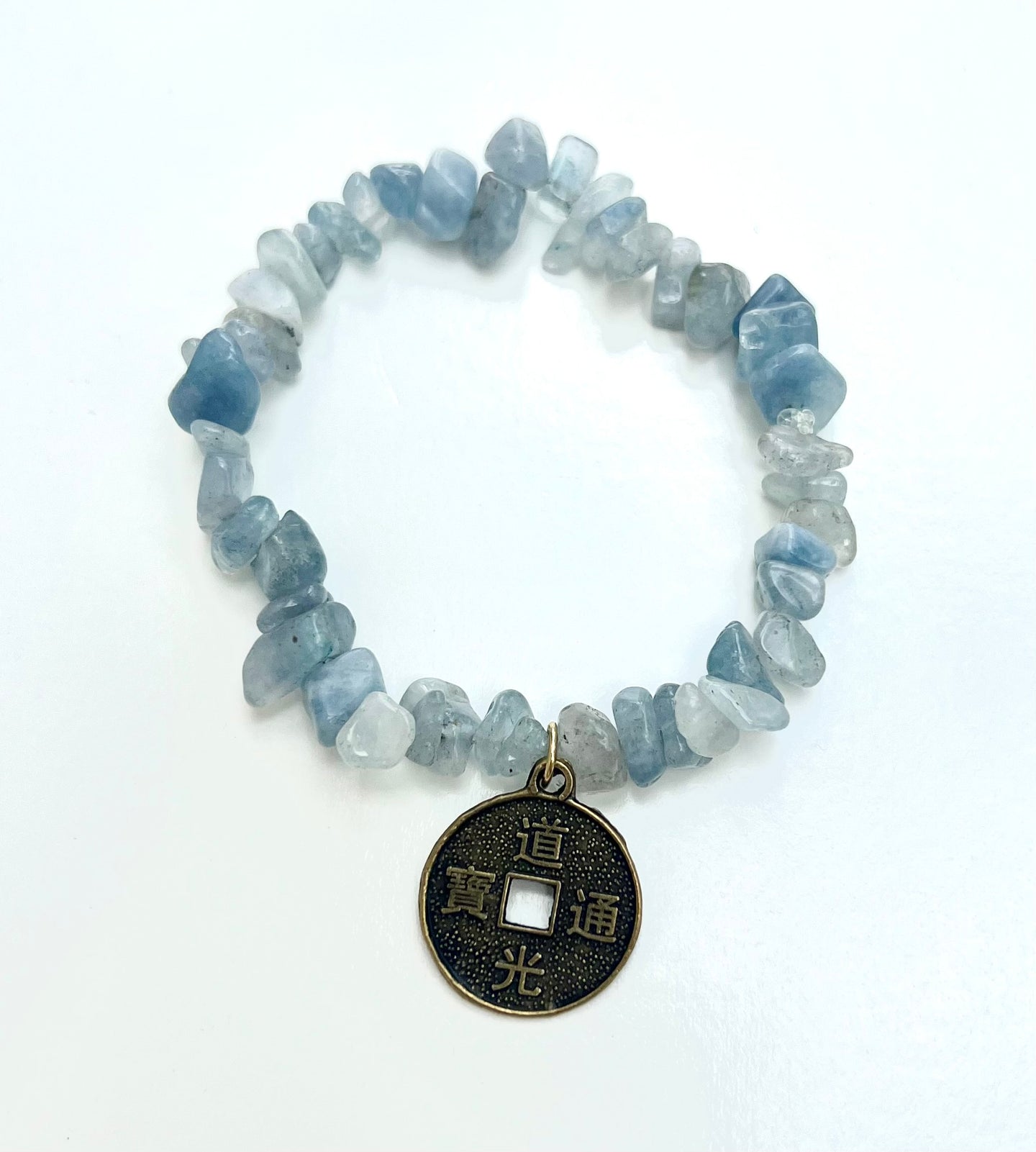 Blue Aquamarine Chips Bracelet W/ Abundance Coin