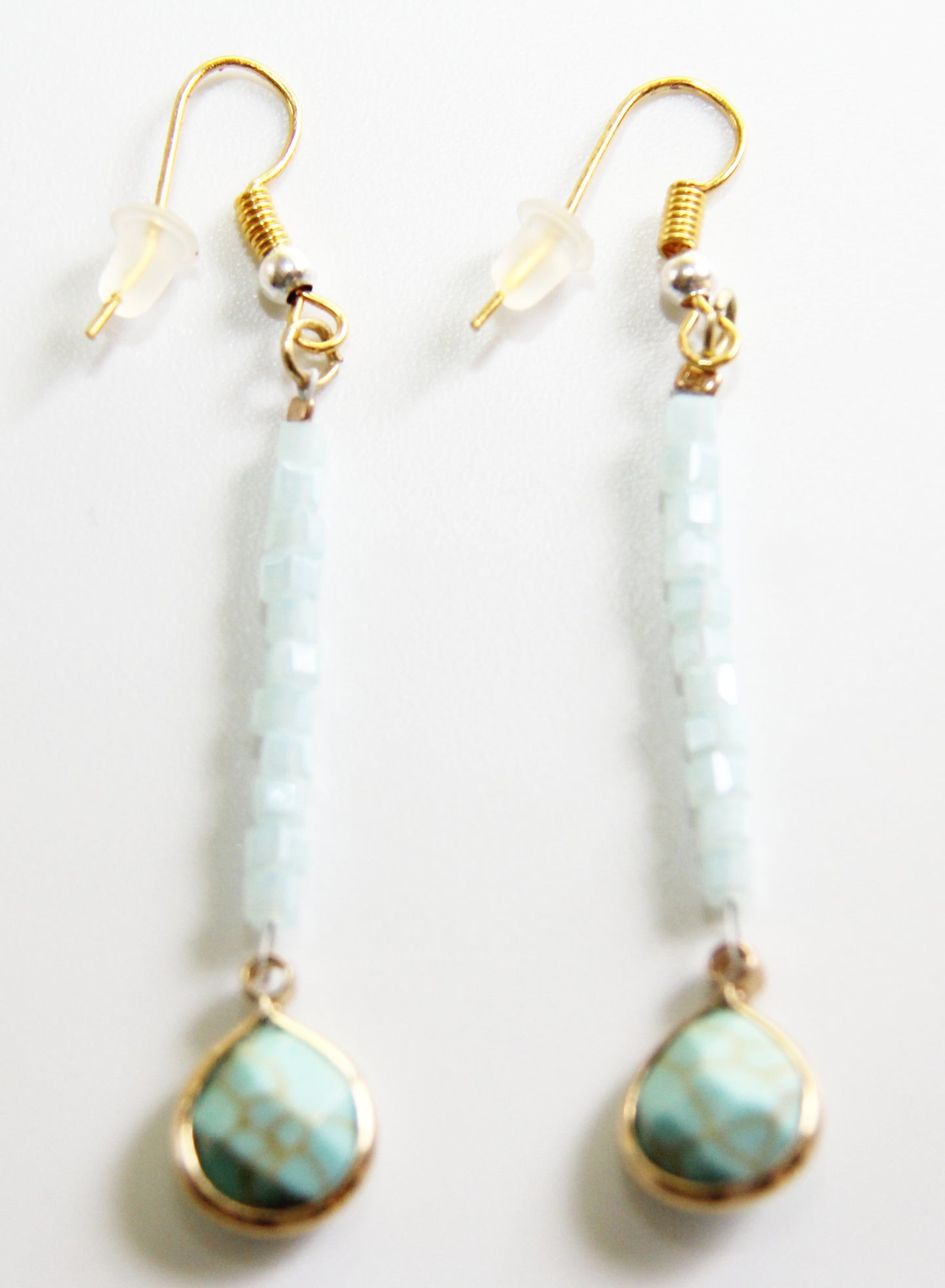 Tear Drop Turquoise Magnesite faceted Stone  At Tip of Lt Blue Glass Stones Earrings