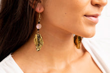 Load image into Gallery viewer, Gold metal leaf; lily of the valley pendants with a pink Chinese crystal earrings.
