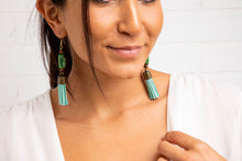 Load image into Gallery viewer, Green Lucky Scarabs With Tiger Eye &amp; blue Suede Tassel earrings
