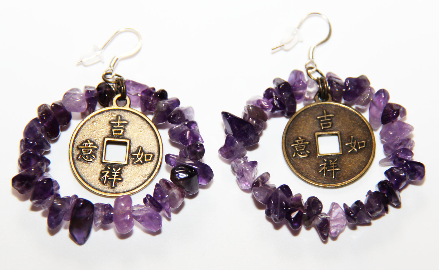Classic Purple Amethyst Hoops with Prosperity Chinese Coin Earrings