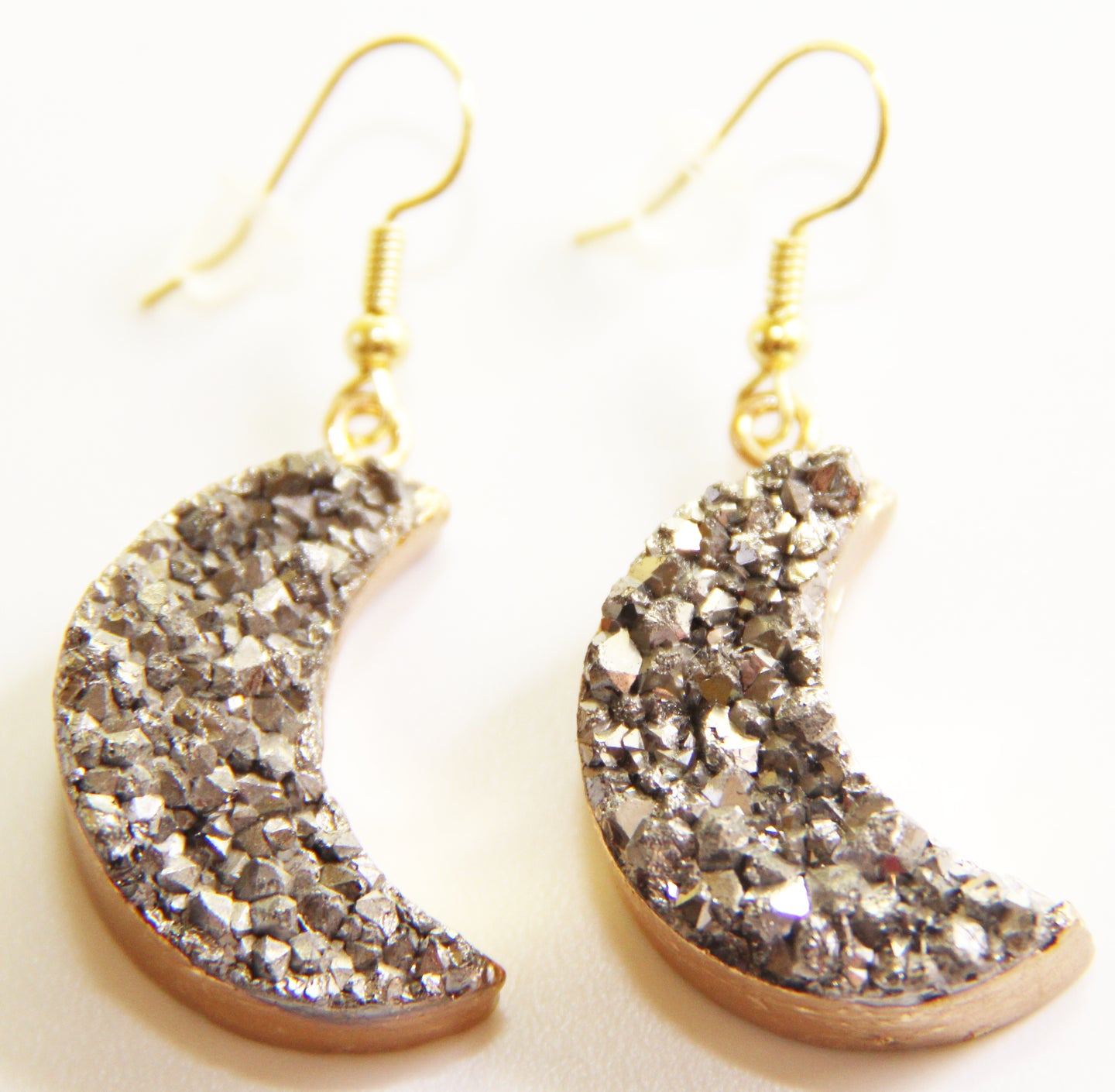 Pyrite cluster Stone Half Crescent Moon Earrings