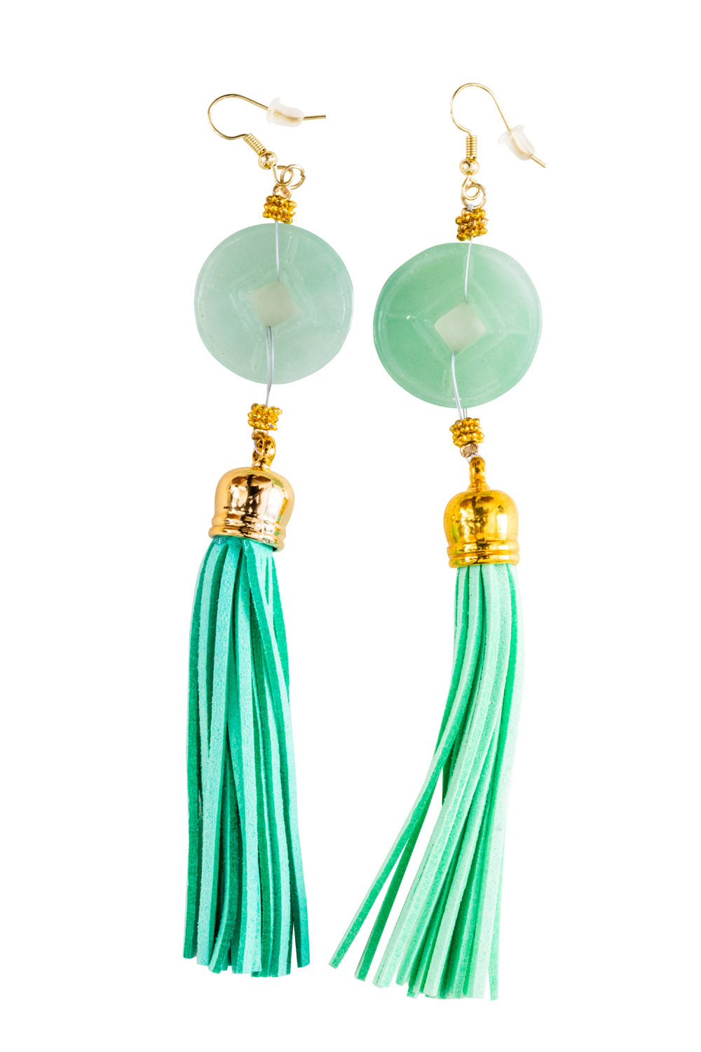 Light Green Jade Carved Donut Stone, With Light mint Blue Suede Tassel Earrings