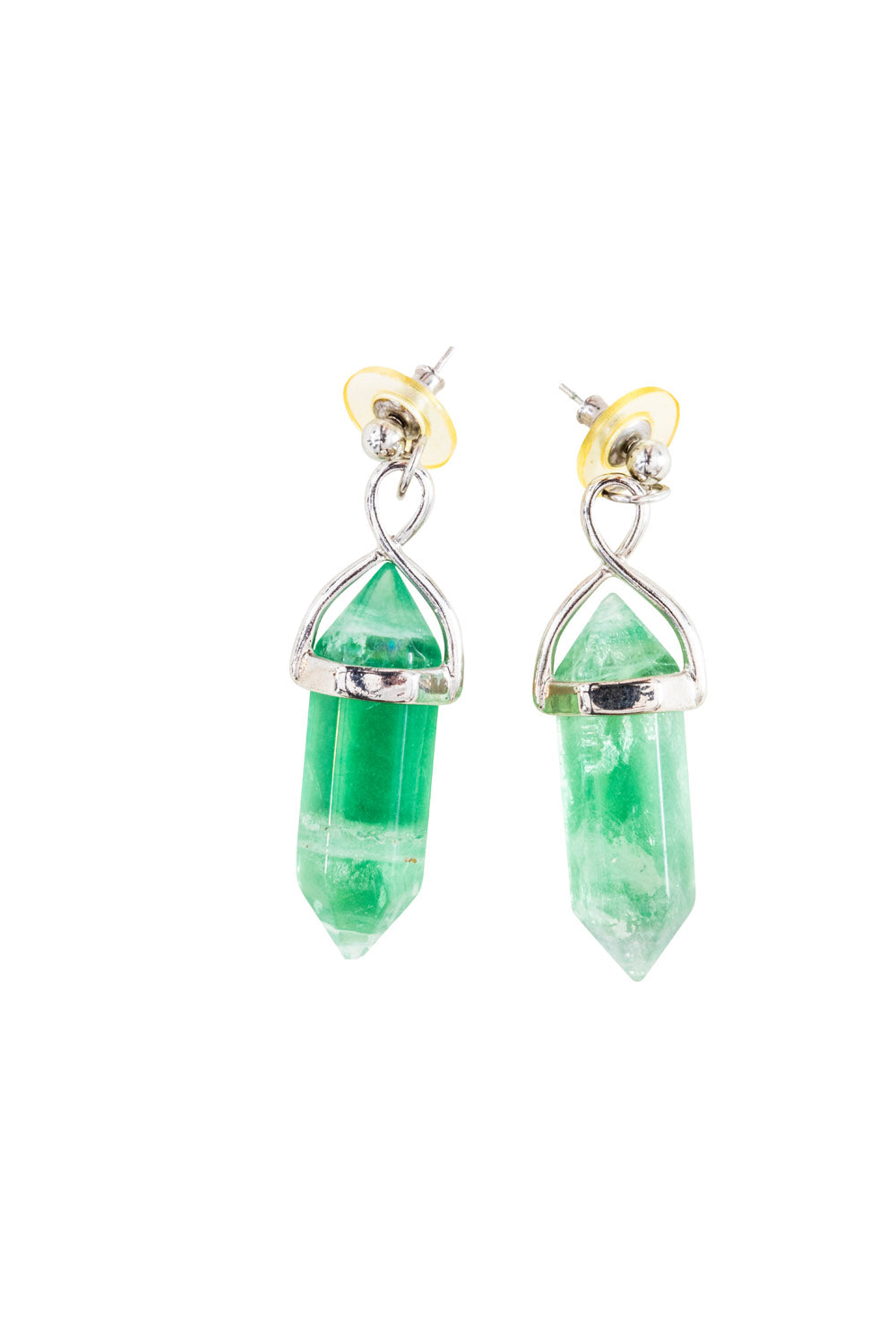 Whole Raw Green Quartz Crystal With Silver Bar Detail Earrings