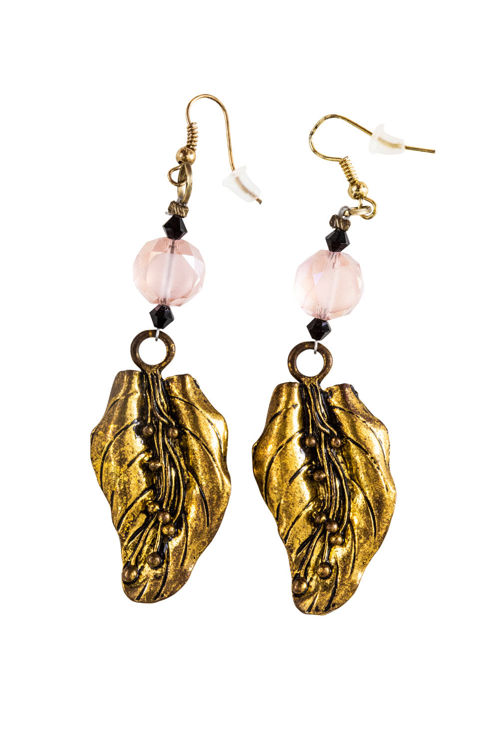 Gold metal leaf; lily of the valley pendants with a pink Chinese crystal earrings.