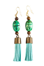 Load image into Gallery viewer, Green Lucky Scarabs With Tiger Eye &amp; blue Suede Tassel earrings
